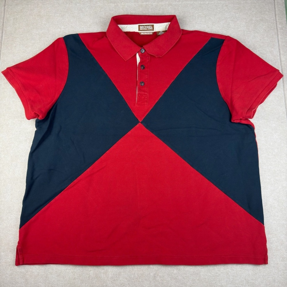 Michael Kors Polo Shirt Mens XXL Red‎ Navy Colorblock Pima Cotton Short Sleeve